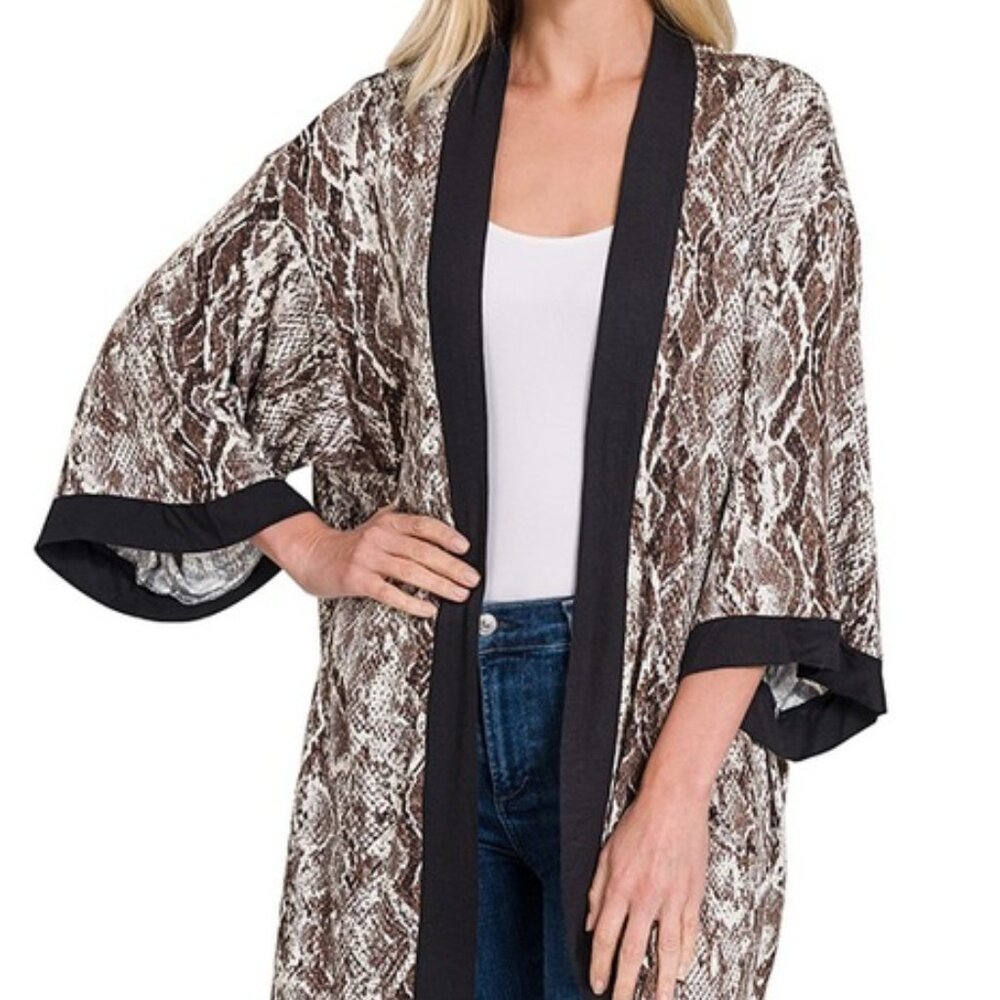 SNAKESKIN PRINT OPEN FRONT KIMONO CARDIGAN